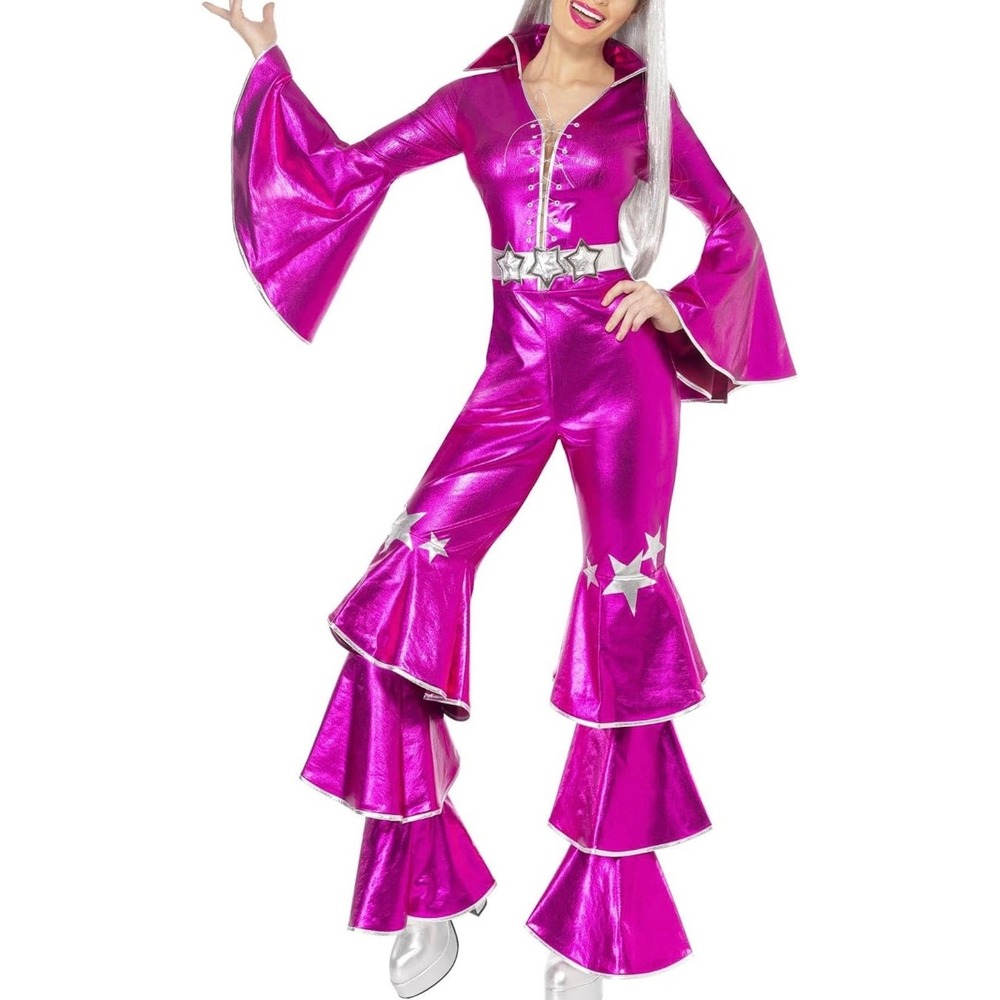 1970s dancing dream jumpsuit pink metallic disco costume, women size medium